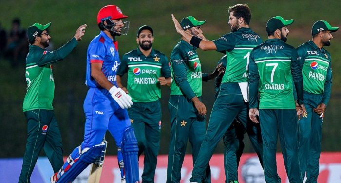 Pakistan's Shaheen Afridi (3R) celebrates with teammates after taking the wicket of Afghanistan's Rahmat Shah (2L) during the first one-day international (ODI) cricket match between Pakistan and Afghanistan at the Mahinda Rajapaksa International Cricket Stadium in Hambantota on August 22, 2023. (Photo by Ishara S. KODIKARA / AFP)