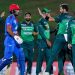 Pakistan's Shaheen Afridi (3R) celebrates with teammates after taking the wicket of Afghanistan's Rahmat Shah (2L) during the first one-day international (ODI) cricket match between Pakistan and Afghanistan at the Mahinda Rajapaksa International Cricket Stadium in Hambantota on August 22, 2023. (Photo by Ishara S. KODIKARA / AFP)